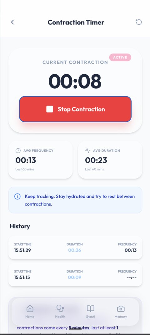 Dad's Journey app Contraction Counter screen actively timing a contraction, with average frequency, average duration, and contraction history logged
