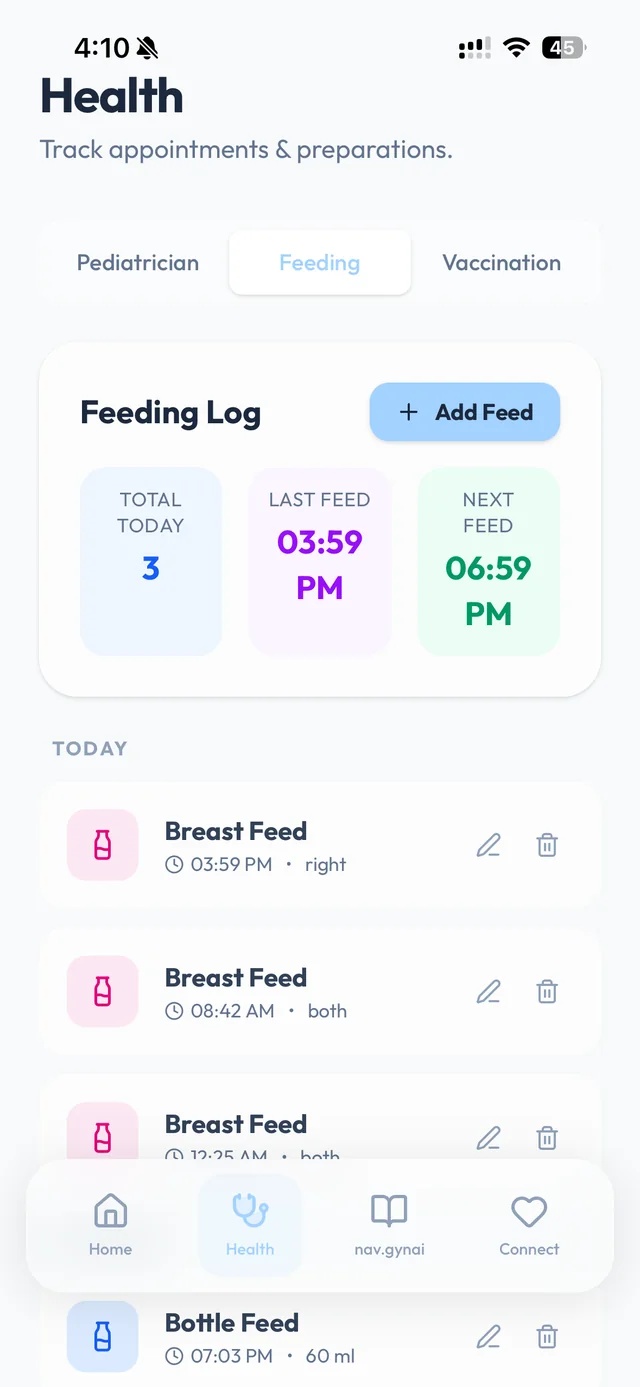 Feed Timer & Log screen in Dad's Journey showing last feed time and bottle logging