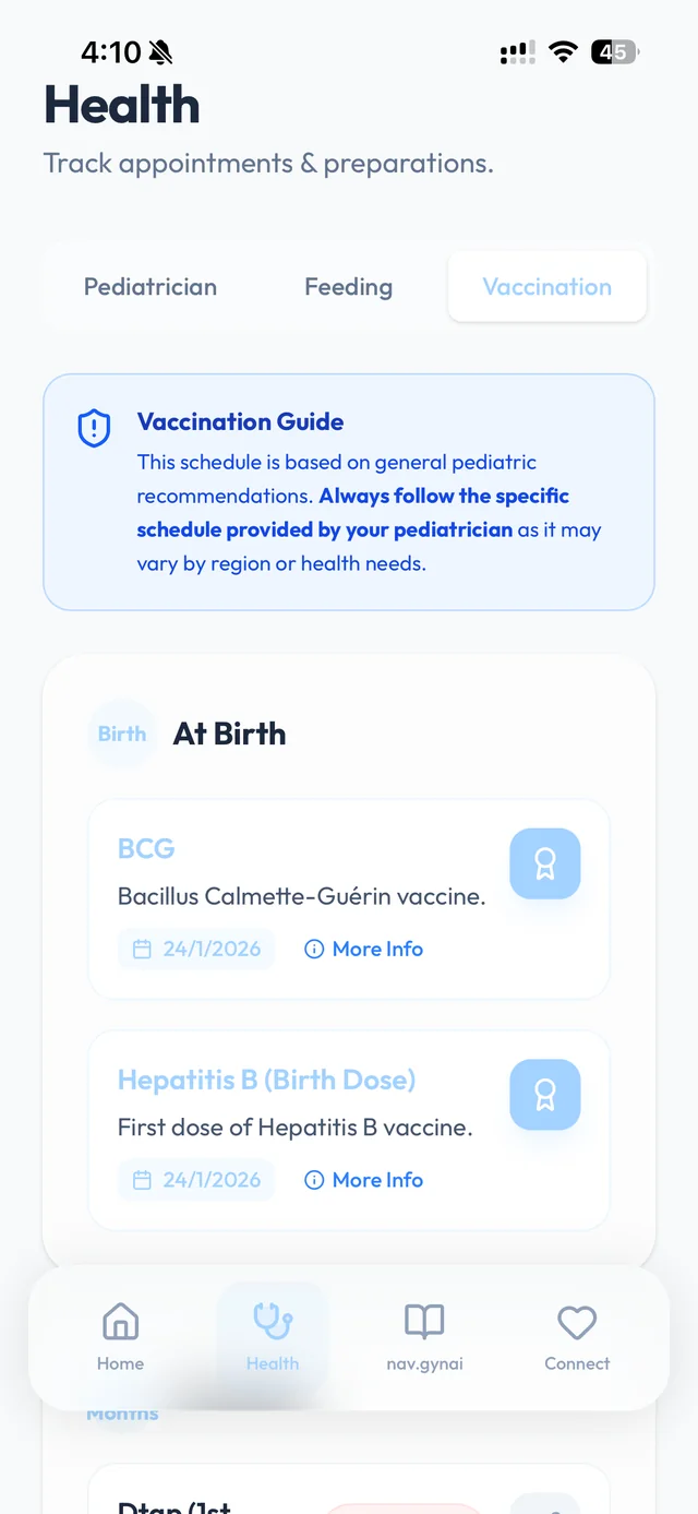 Vaccination Roadmap tracking screen in Dad's Journey