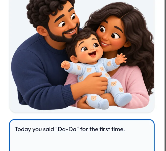 Memory: a family photo saved with the note 'Today you said Da-Da for the first time'