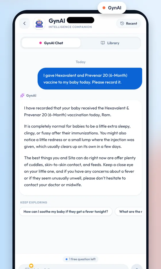 GynAI chat logging a baby's 6-month vaccines and explaining what to expect