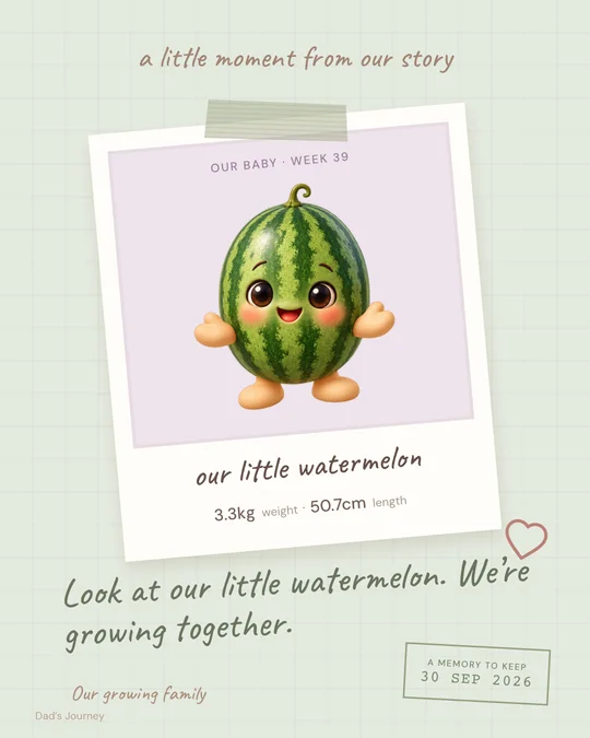 Share card: Our baby, week 39, our little watermelon, 3.3 kg and 50.7 cm